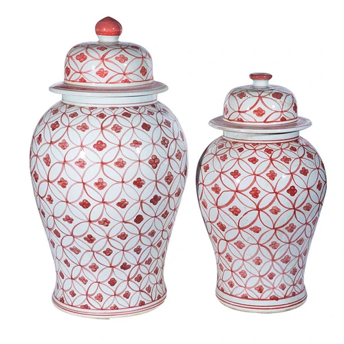 Coral Red Coin Flower Temple Jar - 2 Sizes