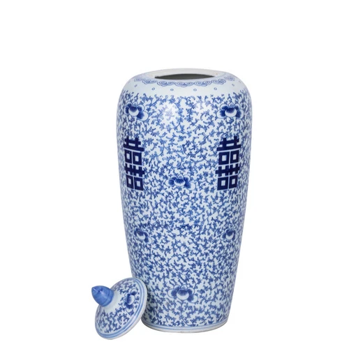 Blue And White  Porcelain Floral Double Happiness Tall Ginger Jar