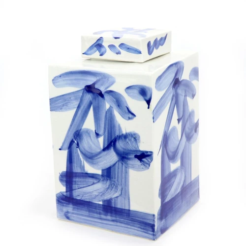 Blue And White Brushstroke Square Tea Jar