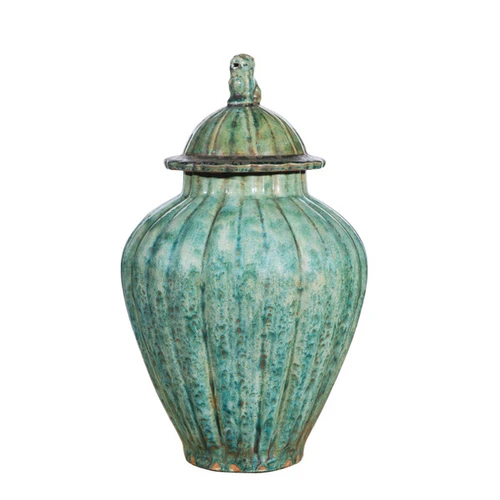 Speckled Green Ribbed Lion Lid Jar