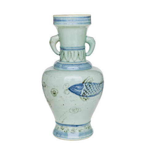 Barclay Butera Couture Blue & White.. Porcelain Splashing Koi Dynasty Vase