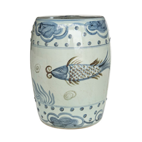 Barclay Butera Couture Blue & White.. Porcelain Garden Stool Splashing Koi