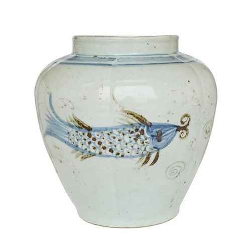 Barclay Butera Couture Blue & White ..Porcelain Fluted Open.. Top Jar Spalshing Koi