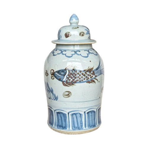 Barclay Butera Couture Blue & White.. Porcelain Temple Jar Splashing Koi Medium