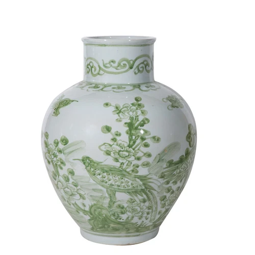 Mint Green Flower Birds Porcelain Open Top Jar