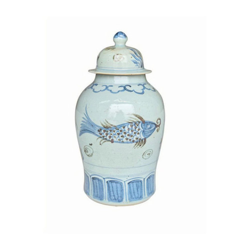 Barclay Butera Couture Blue & White.. Porcelain Temple Jar Splashing Koi Large