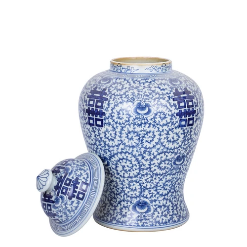 Blue And White Porcelain Double Happiness Floral Temple Jar - 2 Sizes