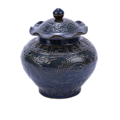 Carved Dragon Lotus Porcelain Jar Rust Charcoal