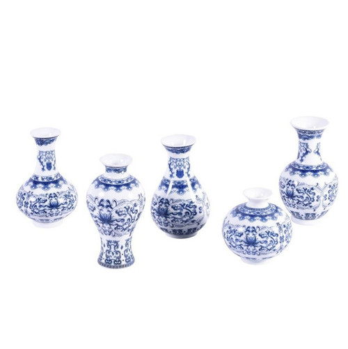Blue And White Porcelain Curly Vine Bud Vases - Set of 5