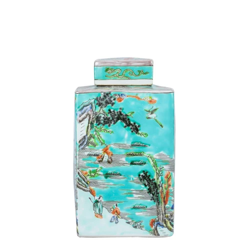 Green Square Porcelain Tea Jar Landscape Motif