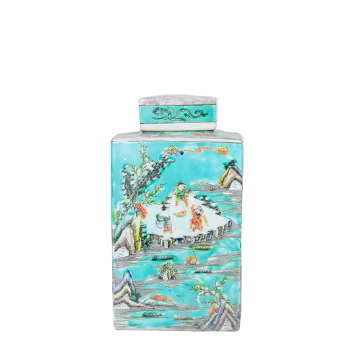 Green Square Porcelain Tea Jar Landscape Motif