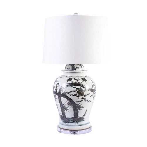 Indigo Porcelain Magpie On Treetop Temple Jar Lamp
