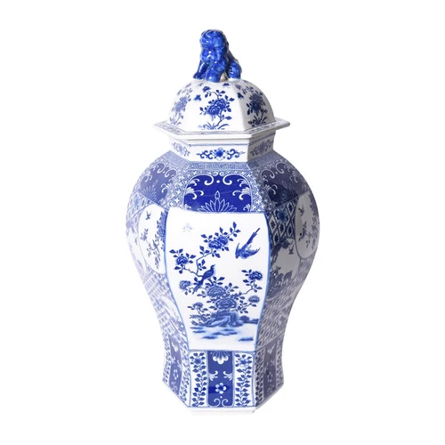 Blue & White Hexagonal Floral Bird Medallion Porcelain Temple Jar
