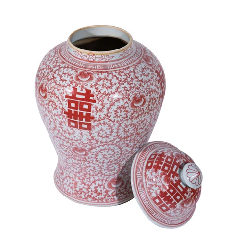 Red Double Happiness Floral Temple Jar