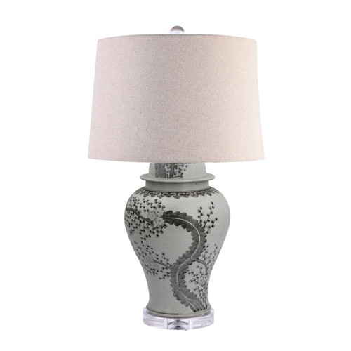 Hong Wu Plum Temple Jar Lamp Linen Shade