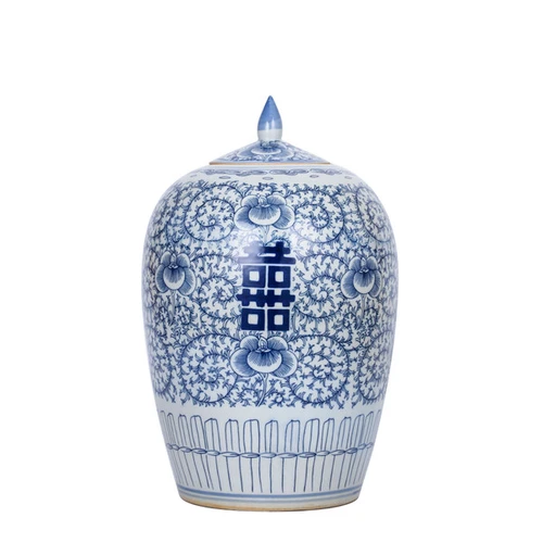 Blue And White  Porcelain Floral Double Happiness Ginger Jar