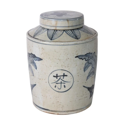 Blue And White Palm Leaf Tea Jar