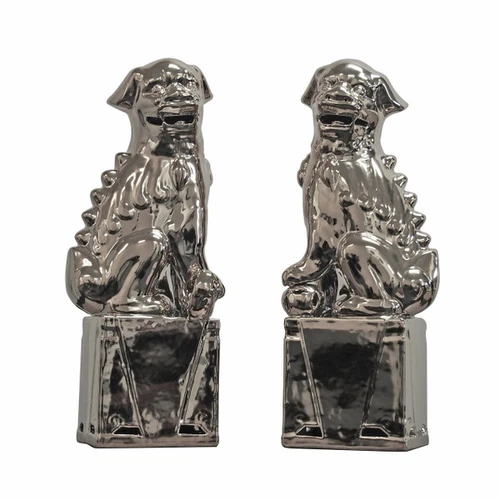 Porcelain Sitting Foo Dog Pair  Silver - 3 Sizes