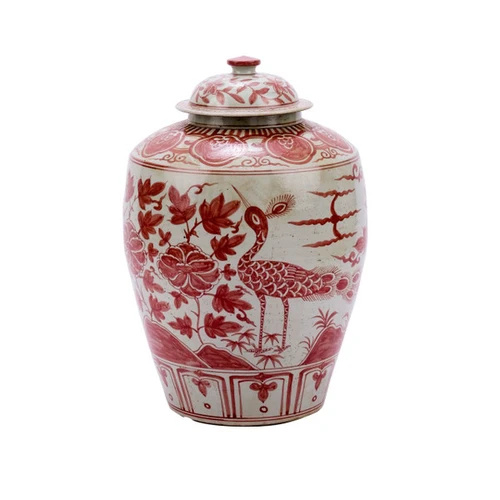 Coral Red Barn Porcelain Jar Bird Motif Large