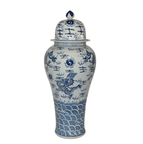 Blue & White Temple Jar Sea Dragon Motif - XL