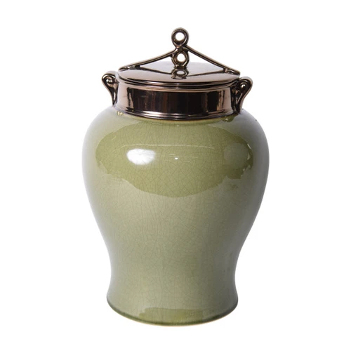 Green Crackle Porcelain Jar With Bronze Glaze Lid - 2 Sizes