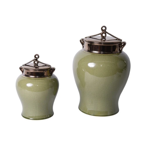 Green Crackle Porcelain Jar With Bronze Glaze Lid - 2 Sizes