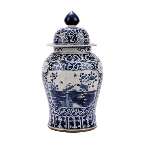 Blue & White Porcelain Dynasty Temple Jar Floral Landscape Medallion
