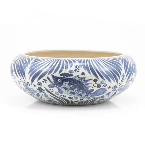 Blue And White Shallow Bowl Fish Motif Large