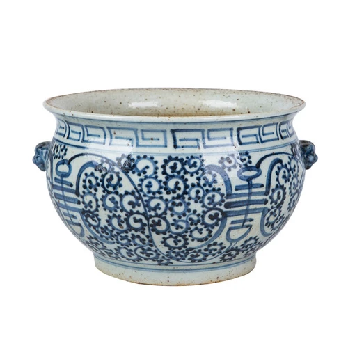 Blue And White Porcelain Curly Vine Longevity Bowl Planter