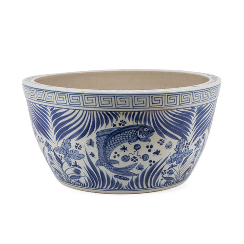 Blue And White Fish Lotus Bowl With Greek Key Trim