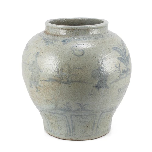 Vintage Jar With Ancient People Under Banana Tree