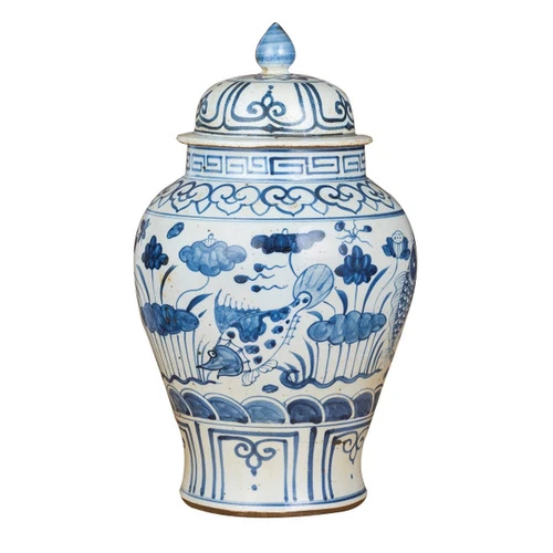 Blue And White Small Porcelain Temple Jar Fish Lotus Motif