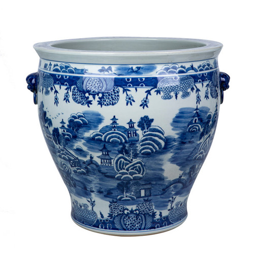 Mountain Pagoda Porcelain Planter Lion Handle