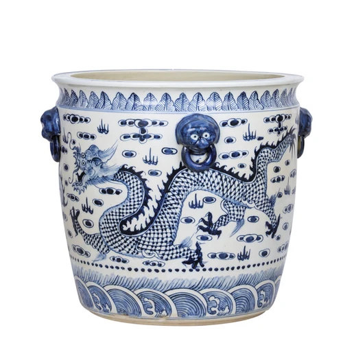 Blue And White Porcelain Dragon Planter With Lion Handle