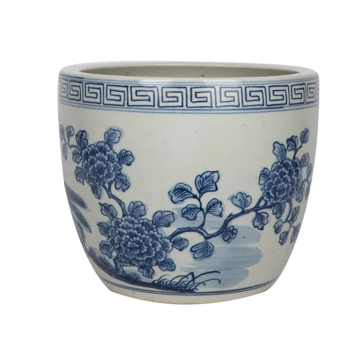 Blue And White Porcelain Pheasant Flower Planter With Greek Symbol