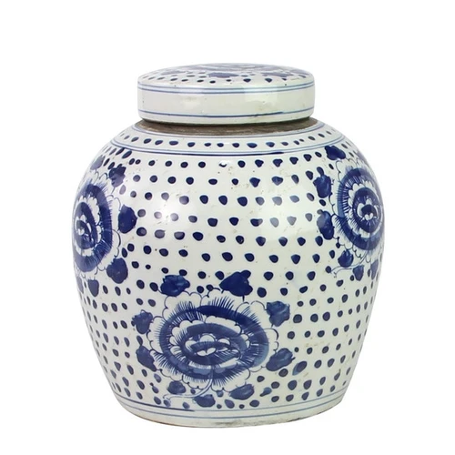 Blue And White Ming Jar Peony Dots