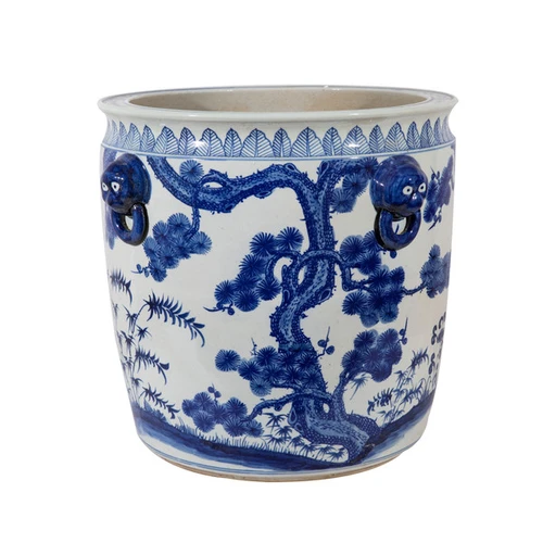 Blue And White Porcelain Pine And Plum Planter Lion Handle