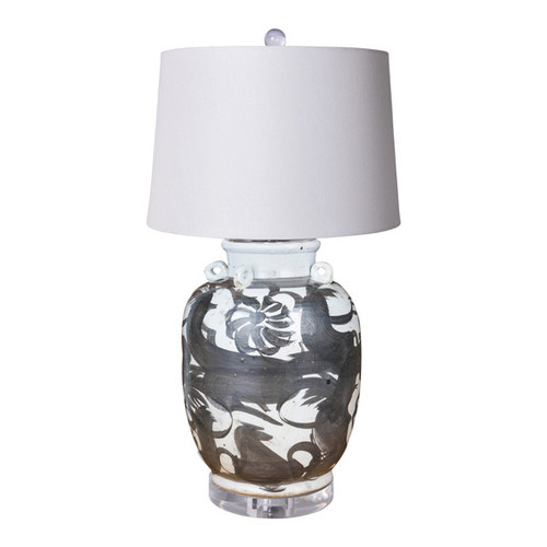 Black and White Four Loop Handle Porcelain Jar Twisted Flower Motif Lamp