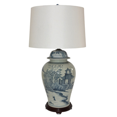 Blue And White Porcelain Landscape Temple Jar Lamp Wood Base