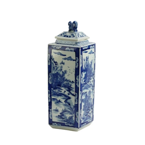 Blue And White Tall Square Jar Landscape