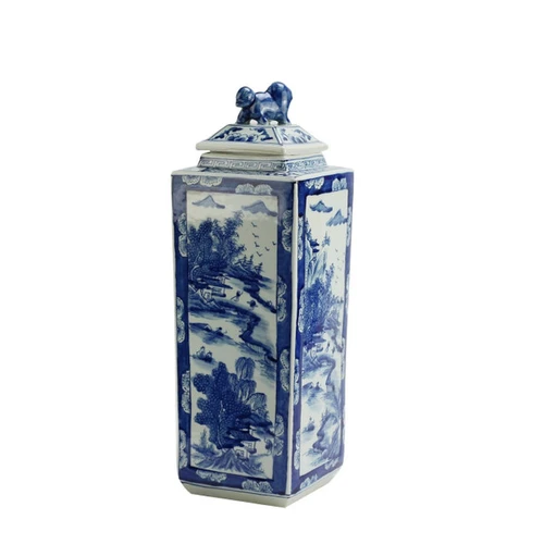 Blue And White Tall Square Jar Landscape