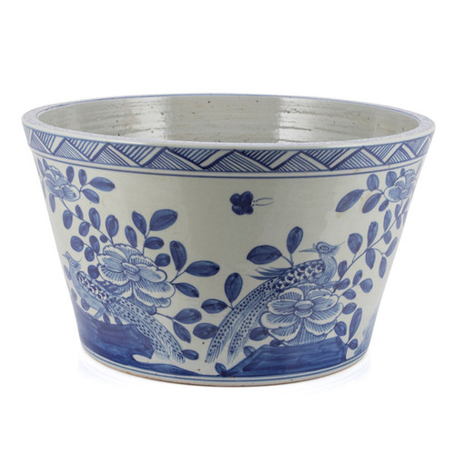 Blue And White Basin Planter Flower Bird Motif
