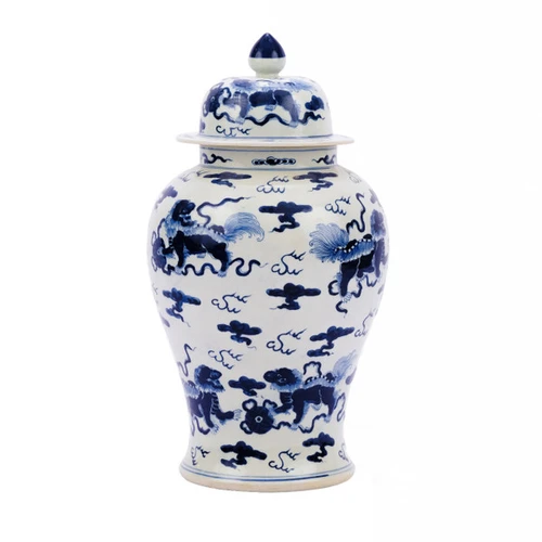 Blue & White Porcelain Foo Dog Temple Jar