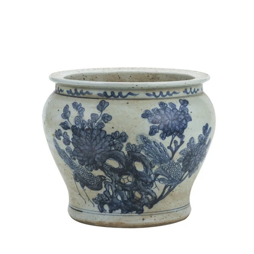 Blue And White Small Planter Flower With Pheasant
