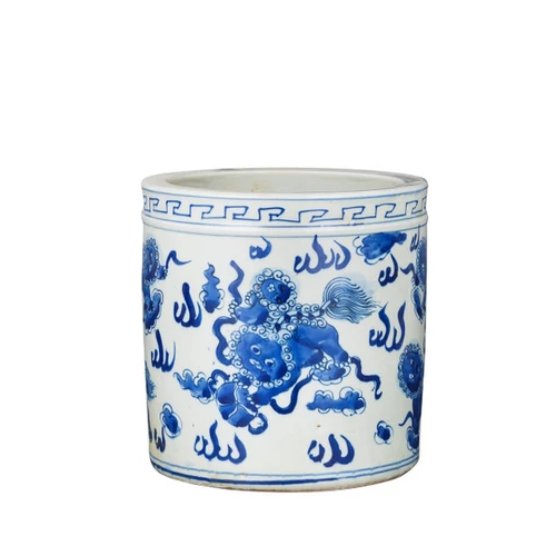 Blue And White Orchid Pot Foo Dog Motif