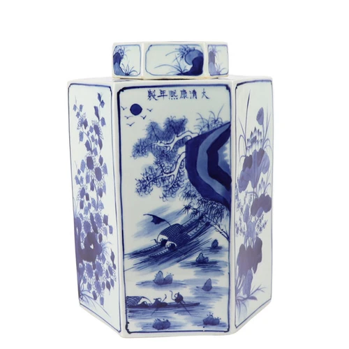 Blue And White Hex Village Flower Jar