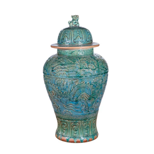 Speckled Green Carving Dragon Temple Jar