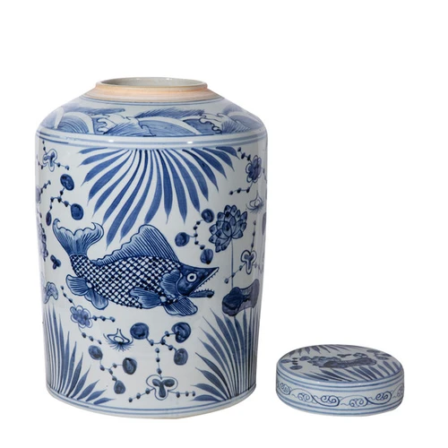 Blue and White Large Tea Jar Fish Motif