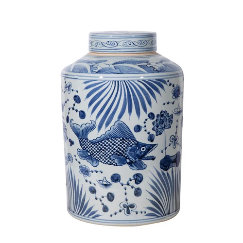 Blue and White Large Tea Jar Fish Motif