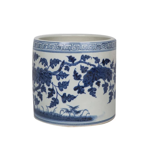 Blue And White Flower Bird Greek Key Cachepot